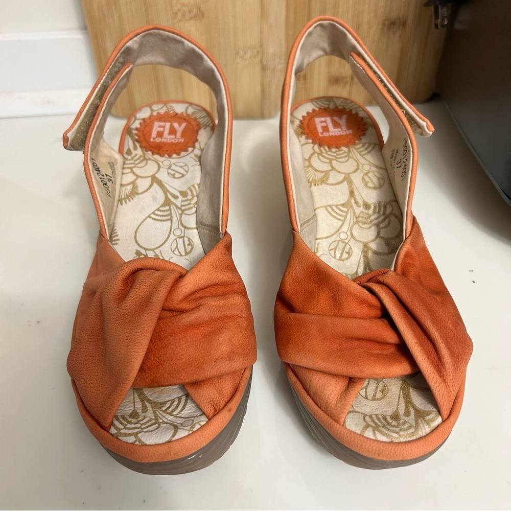 FLY London Orange Knotted Slingback Wedge Sandals